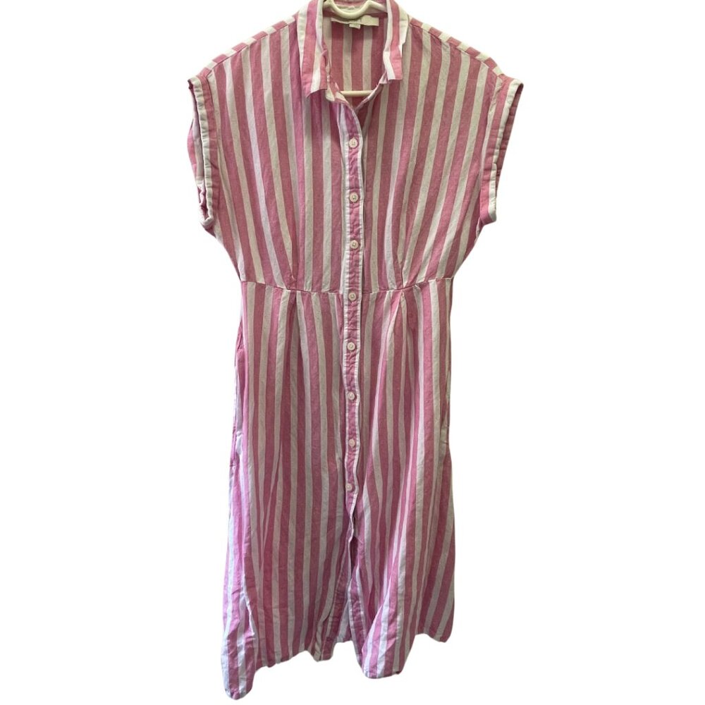 Loft Pink and White Linen Vertical Striped Dress